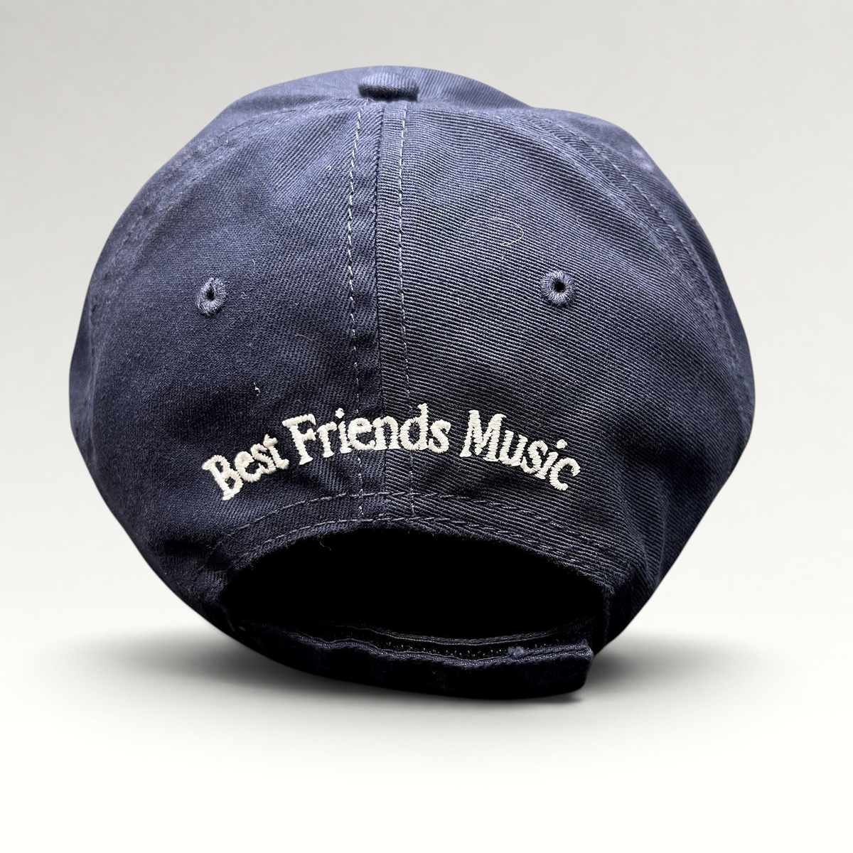 Raree Finds navy blue cotton twill dad hat with Best Friends Music embroidery on the back and adjustable strapback.