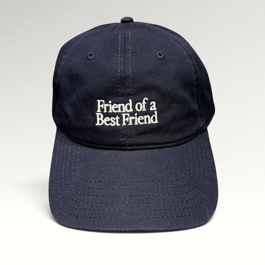 Raree Finds navy blue cotton twill dad hat with white Friend of a Best Friend embroidery and curved brim