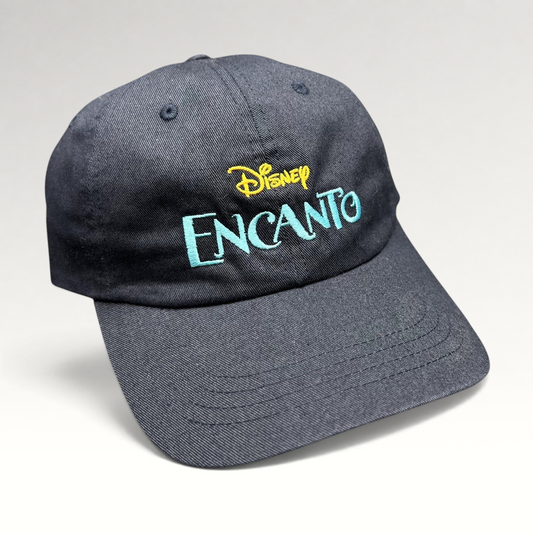 Raree Finds navy blue cotton dad hat with embroidered Disney Encanto logo in gold and teal stitching