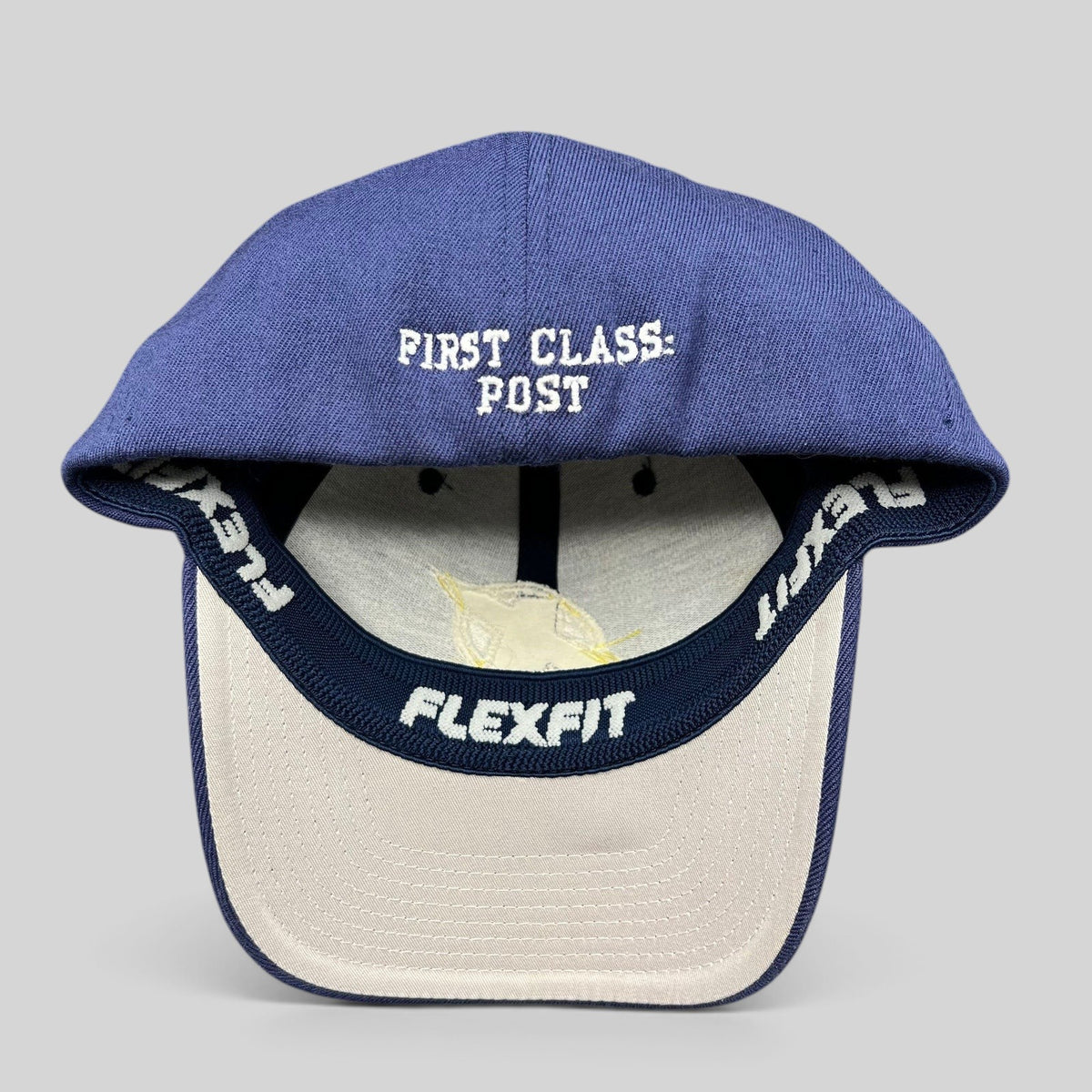 Raree Finds navy blue X-Men First Class film crew Flexfit hat showing interior First Class Post embroidery