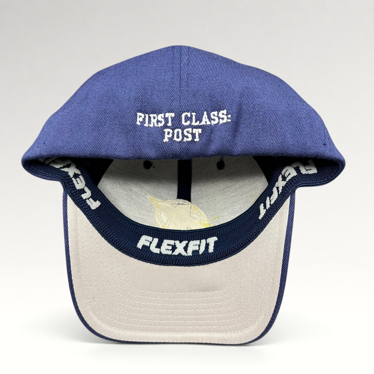 Raree Finds navy blue X-Men First Class film crew Flexfit hat showing interior First Class Post embroidery