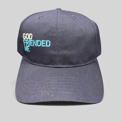Raree Finds navy blue cotton strapback hat with white and blue God Friended Me embroidery on the front