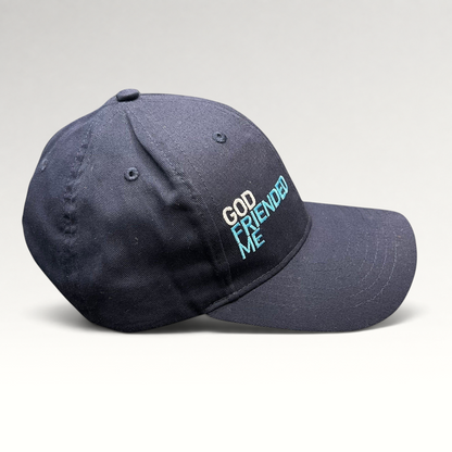 Raree Finds navy blue cotton strapback hat with God Friended Me embroidered logo from the TV show production.