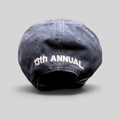 Raree Finds vintage navy blue golf hat with 13th Annual embroidered on the back and adjustable brass buckle strapback.