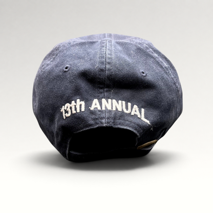Raree Finds vintage navy blue golf hat with 13th Annual embroidered on the back and adjustable brass buckle strapback.