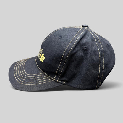 Raree Finds vintage navy blue Wareing’s Gym snapback hat with gold embroidered barbell logo and contrast stitching