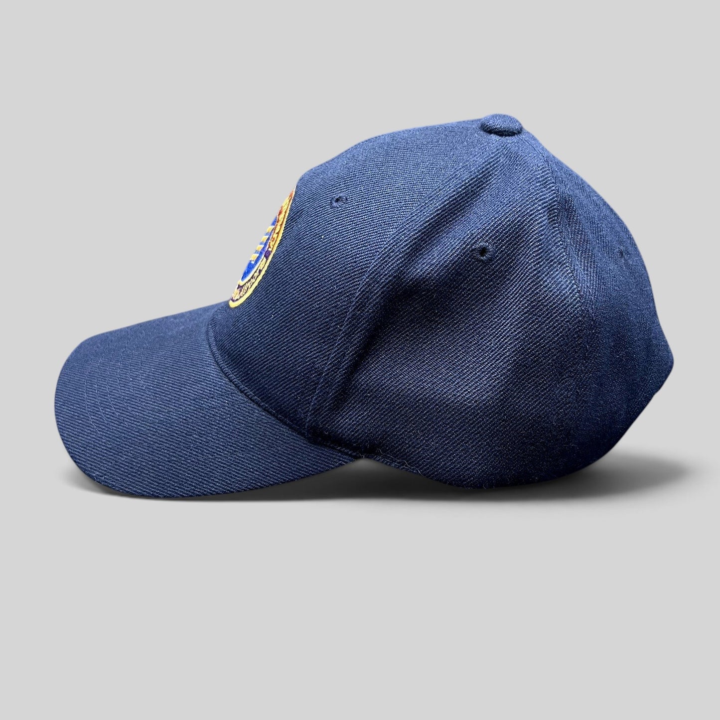 Raree Finds navy blue wool-blend strapback hat with embroidered 75th anniversary Los Angeles World Airports seal