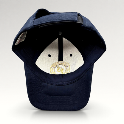 Raree Finds navy blue wool-blend strapback hat featuring an embroidered 75th anniversary LAWA seal on the interior