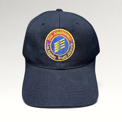 Raree Finds navy blue wool-blend strapback hat featuring an embroidered 75th Anniversary Los Angeles World Airports logo