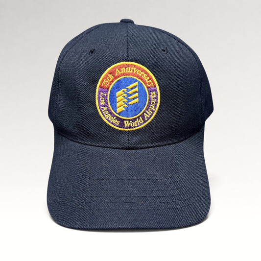 Raree Finds navy blue wool-blend strapback hat featuring an embroidered 75th Anniversary Los Angeles World Airports logo