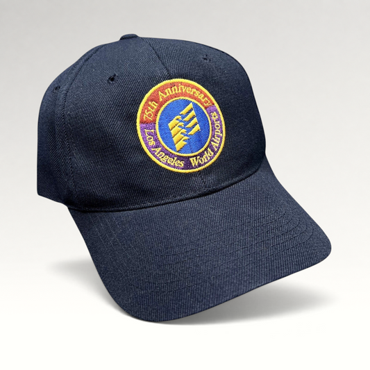 Raree Finds navy blue wool-blend strapback hat with an embroidered 75th Anniversary Los Angeles World Airports logo.