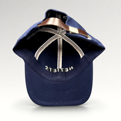 Raree Finds navy blue cotton baseball cap with interior NetJets branding and adjustable brown leather strap