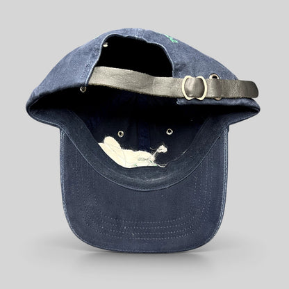Raree Finds vintage navy cotton strapback hat with a black leather adjustable strap and metal buckle detail