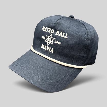 Raree Finds navy blue snapback rope hat with white Matzo Ball Mafia embroidery and Star of David detail.