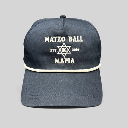 Raree Finds navy blue snapback rope hat with white Matzo Ball Mafia embroidery and Star of David detail.
