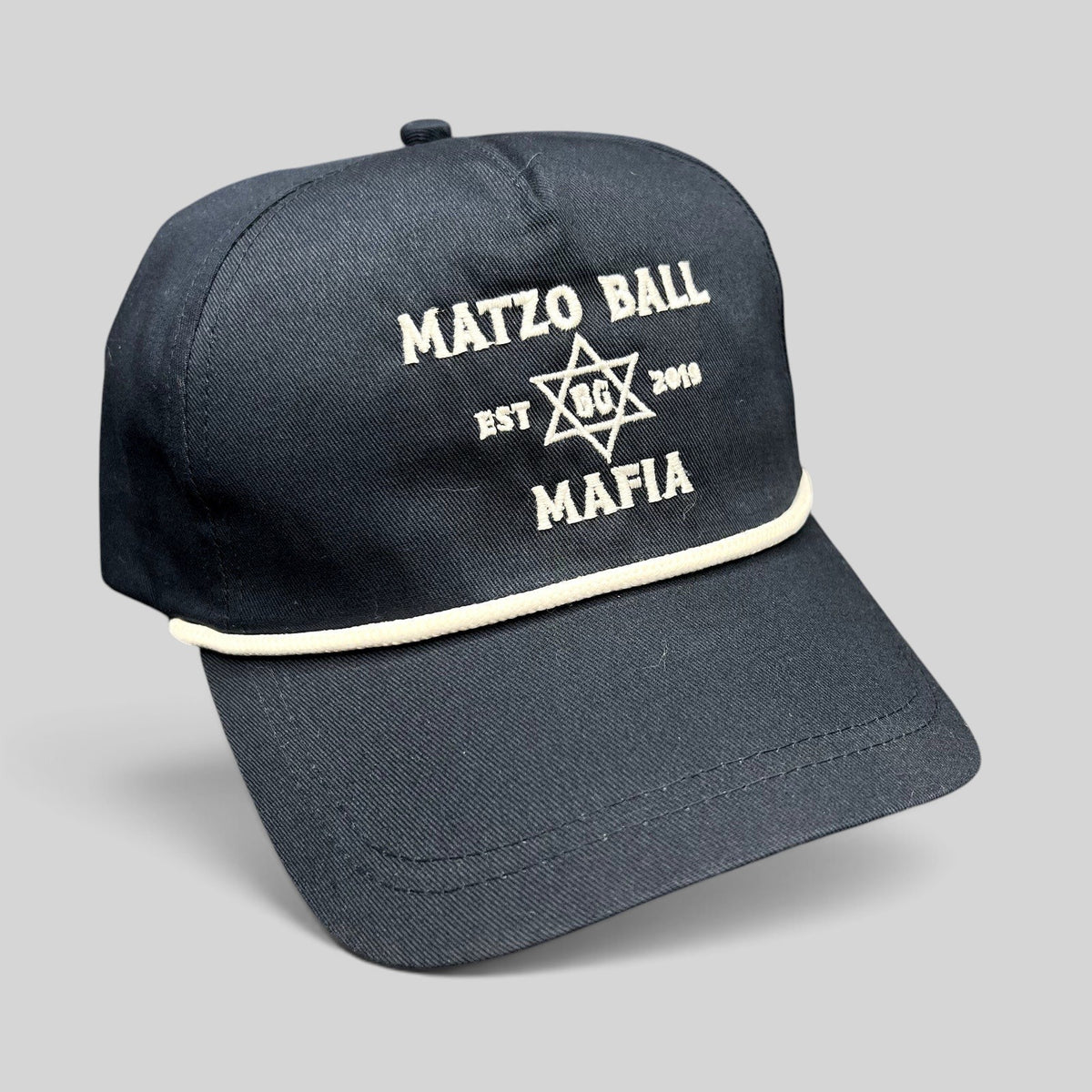 Raree Finds navy blue snapback rope hat with white Matzo Ball Mafia embroidery and Star of David detail