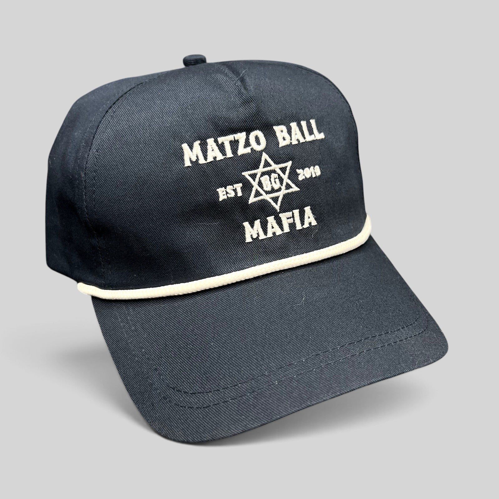 Raree Finds navy blue snapback rope hat with white Matzo Ball Mafia embroidery and Star of David detail