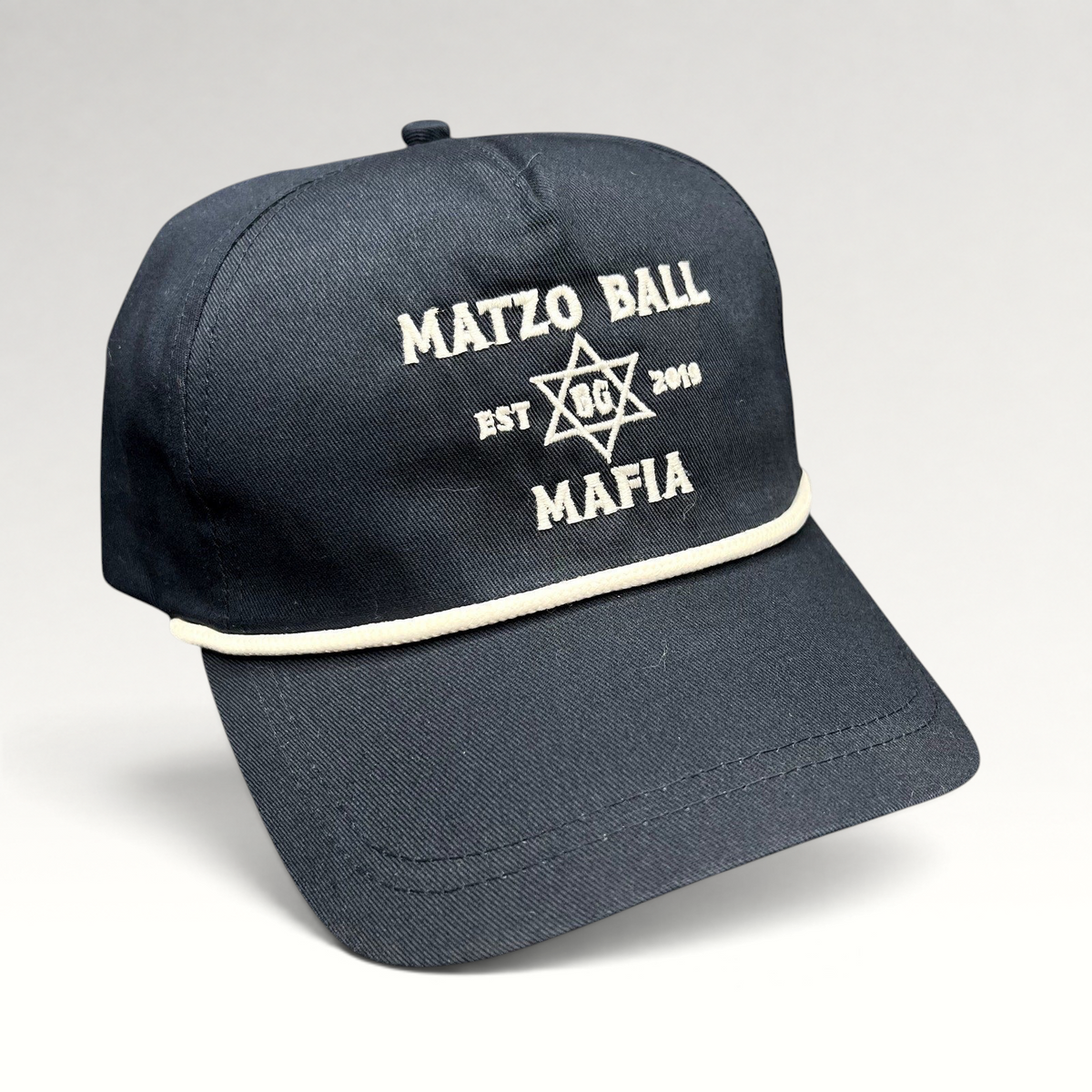 Raree Finds navy blue snapback rope hat with white Matzo Ball Mafia embroidery and Star of David detail