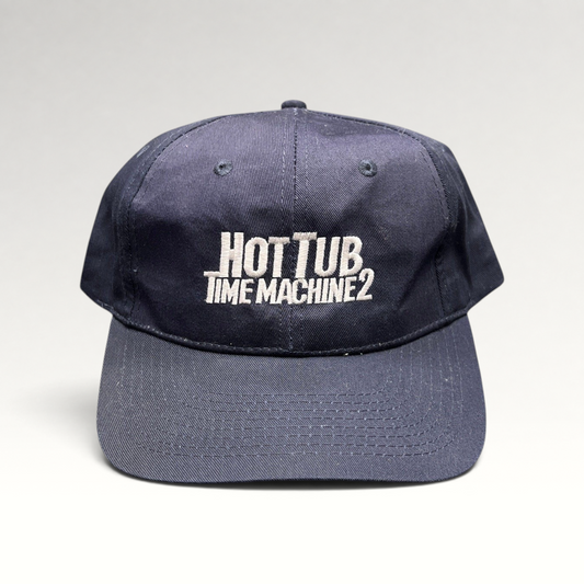Raree Finds navy cotton-poly promotional cap with white Hot Tub Time Machine 2 embroidery and adjustable strap