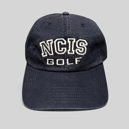 Raree Finds vintage navy blue NCIS Golf tournament strapback hat with white embroidered lettering on the crown.