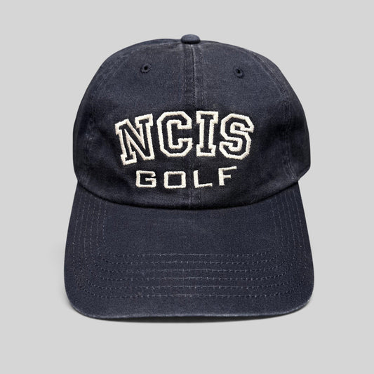 Raree Finds vintage navy blue NCIS Golf tournament strapback hat with white embroidered lettering on the crown.