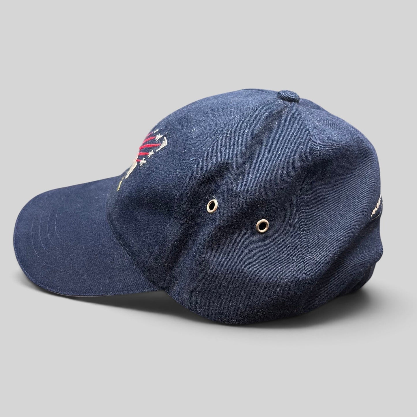 Raree Finds vintage navy blue cotton Northrop Grumman ESHM SAFE Team strapback hat with embroidered aircraft graphics
