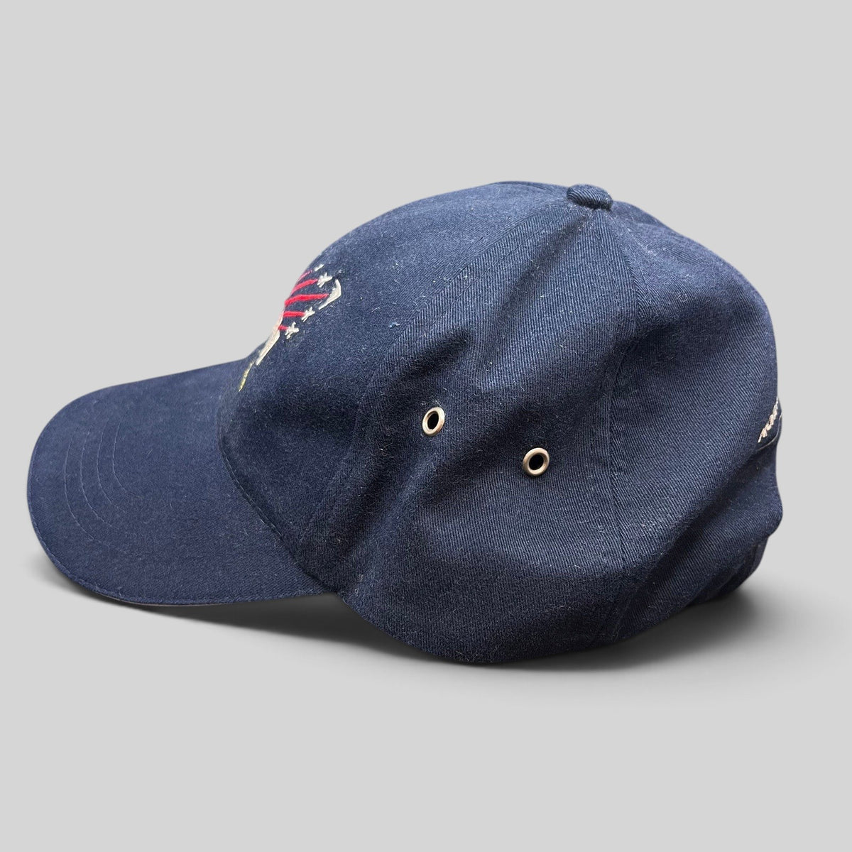 Raree Finds vintage navy blue cotton Northrop Grumman ESHM SAFE Team strapback hat with embroidered aircraft graphics