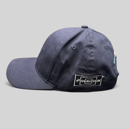 Raree Finds navy blue cotton strapback hat with white embroidered Panavision logo on the side profile
