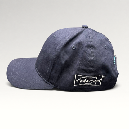 Raree Finds navy blue cotton strapback hat with white embroidered Panavision logo on the side profile