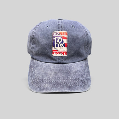 Raree Finds navy washed cotton dad hat with a patriotic Rolls-Royce USA crest patch and pre-curved brim.