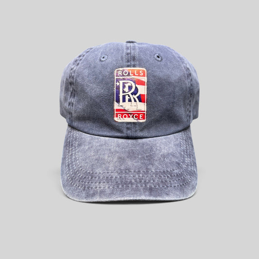 Raree Finds navy washed cotton dad hat with a patriotic Rolls-Royce USA crest patch and pre-curved brim.