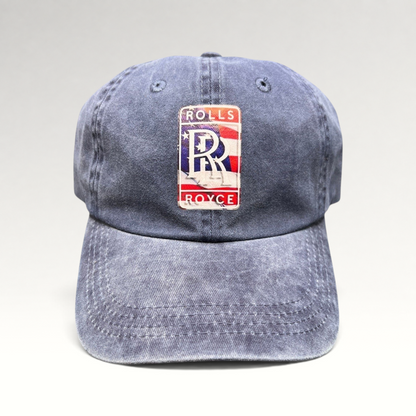 Raree Finds navy washed cotton dad hat with a patriotic Rolls-Royce USA crest patch and pre-curved brim.
