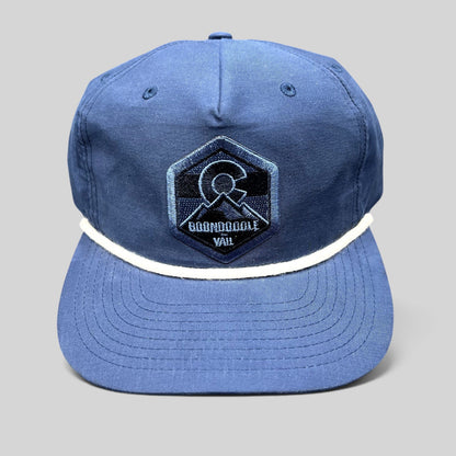 Raree Finds navy blue Boondoggle Vail snapback hat with white rope detail and Colorado mountain logo patch