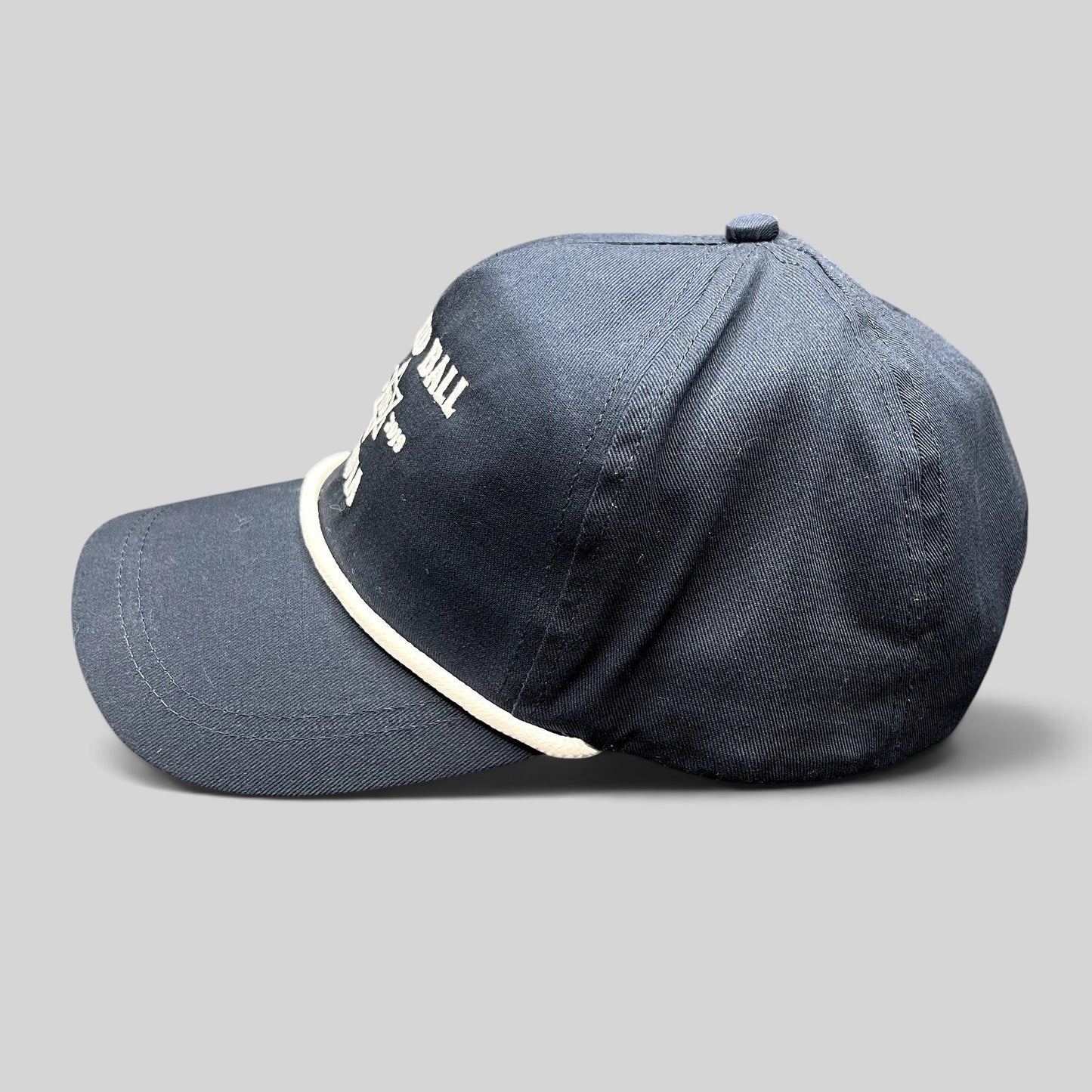 Raree Finds navy blue snapback rope hat with white Matzo Ball Mafia embroidery and Star of David detail side view