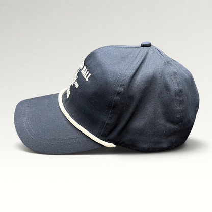 Raree Finds navy blue snapback rope hat with white Matzo Ball Mafia embroidery and Star of David detail side view