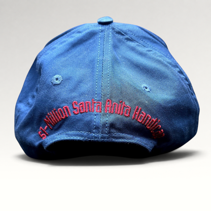 Raree Finds vintage navy snapback hat with red embroidered Santa Anita Handicap text on the back