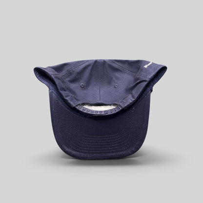 Raree Finds navy blue snapback hat with rope brim and adjustable plastic closure, viewed from the back.