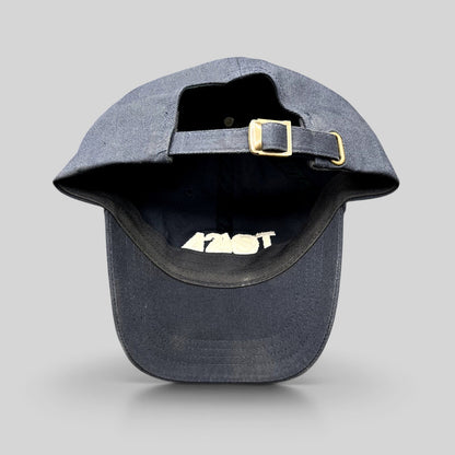 Raree Finds navy blue cotton dad cap with adjustable strapback closure and brass buckle, rear view