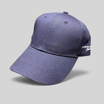 Raree Finds navy blue Readyverse Studios strapback dad cap with side embroidery and adjustable metal buckle closure.