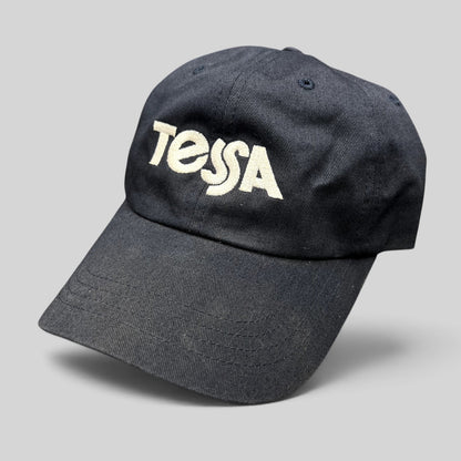 Raree Finds navy blue Tessa dad cap with white embroidered logo and adjustable strapback closure
