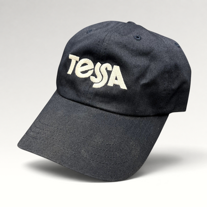 Raree Finds navy blue Tessa dad cap with white embroidered logo and adjustable strapback closure