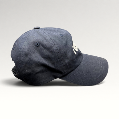 Raree Finds navy blue Tessa dad cap with white embroidered logo and adjustable brass buckle strapback closure