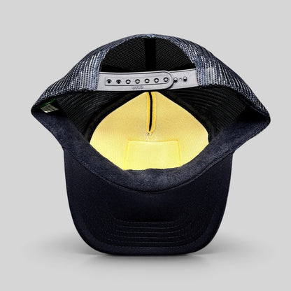 Raree Finds navy blue trucker hat with adjustable snapback closure and yellow interior foam lining