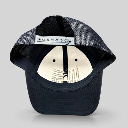 Raree Finds navy blue Yupoong Classics trucker hat with mesh back and adjustable snapback closure, rear view.
