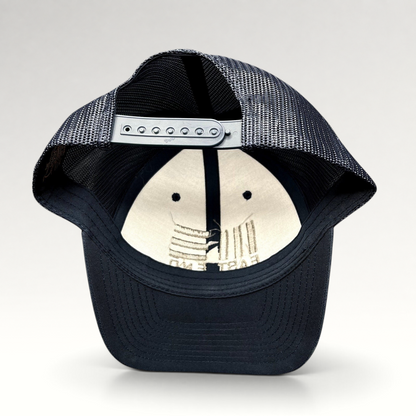 Raree Finds navy blue Yupoong Classics trucker snapback hat with mesh back and adjustable strap, rear view