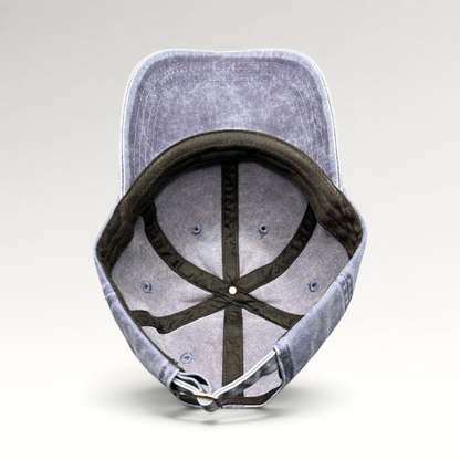 Raree Finds navy washed cotton dad hat with adjustable strap and unstructured crown, interior view