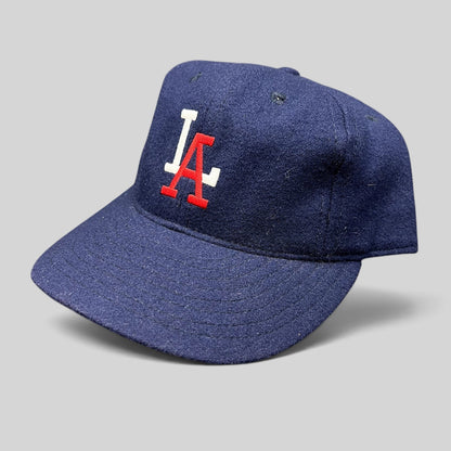Raree Finds Ebbets Field Flannels navy wool Los Angeles fitted baseball cap with embroidered red and white LA logo