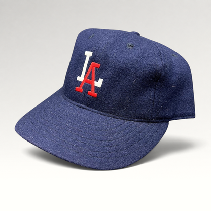 Raree Finds Ebbets Field Flannels navy wool Los Angeles fitted baseball cap with embroidered red and white LA logo