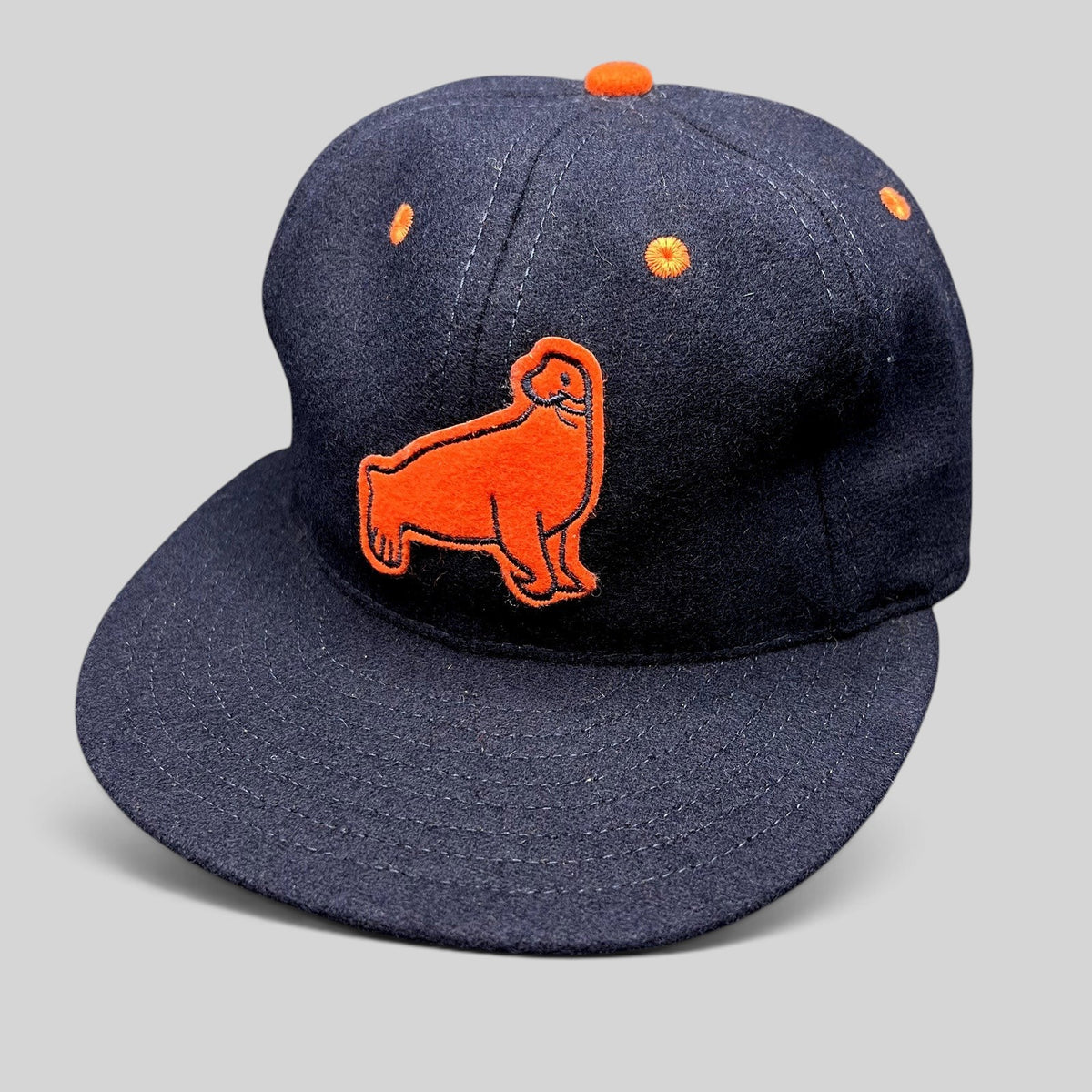 Raree Finds navy wool Ebbets Field Flannels San Francisco Seals strapback hat with orange embroidered logo and eyelets