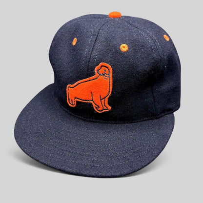 Raree Finds navy wool Ebbets Field Flannels San Francisco Seals strapback hat with orange embroidered logo and eyelets